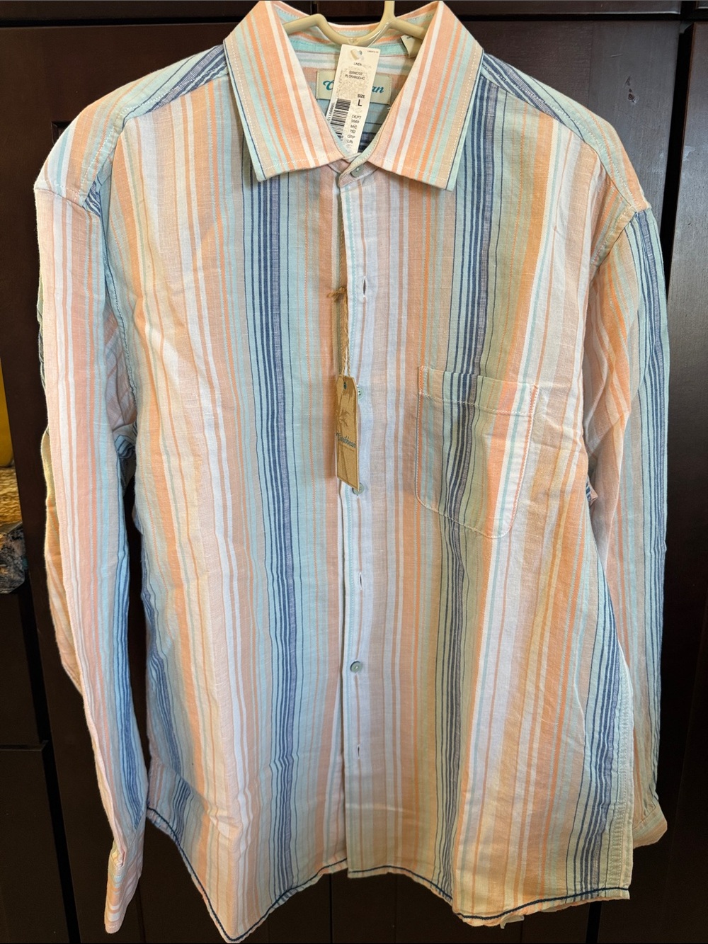 Caribbean Striped Button-Down Linen Shirt in Light Blue & Peach